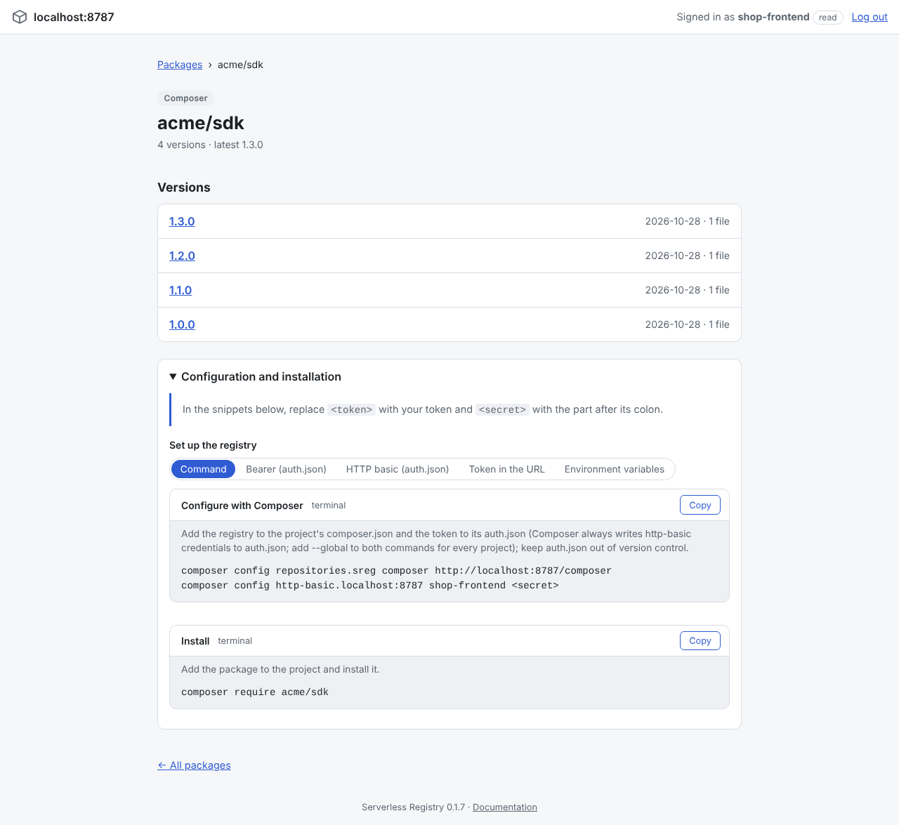 Package page with client configuration